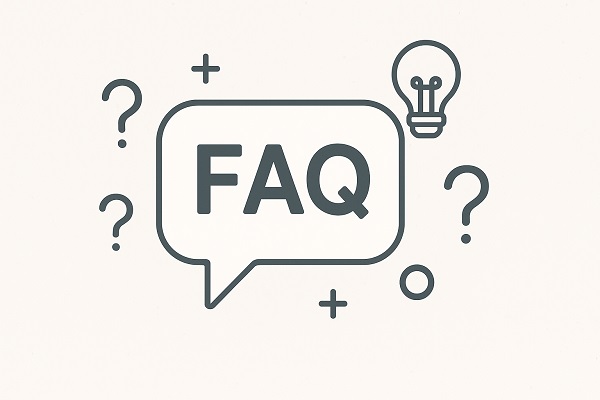 A minimalist FAQ speech bubble with question marks and a light bulb icon around it.