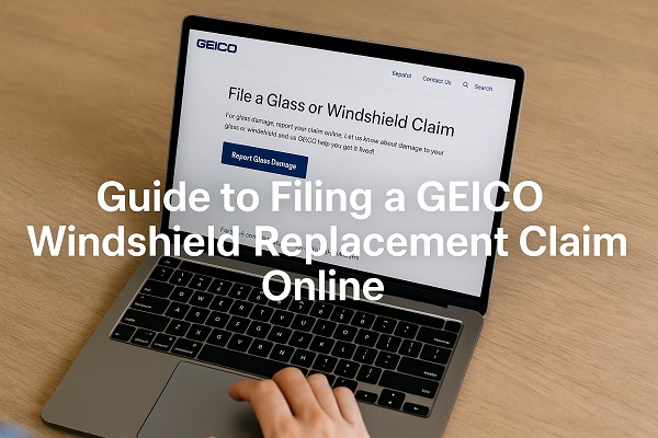 A person using a laptop to file a GEICO windshield replacement claim online through the GEICO website.