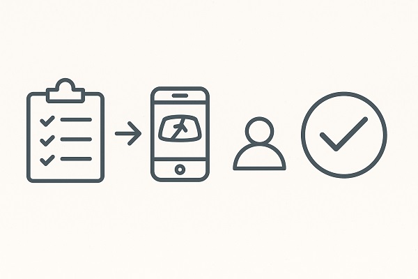 A four-step process illustration showing a checklist, smartphone with cracked screen, user icon, and checkmark.