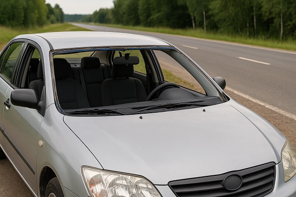 A silver sedan parked on a roadside with no windshield, exposing the vehicle's interior, under a cloudy sky.