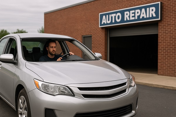 A man drives a silver car without a windshield toward an auto repair shop on a cloudy day.