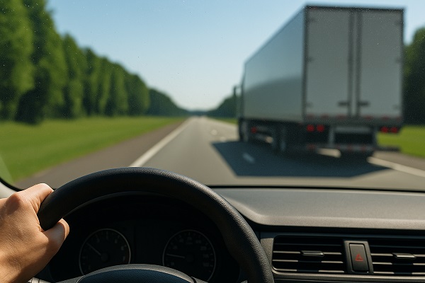 Driver following a large truck on a highway, emphasizing the risk of windshield pitting from road debris.