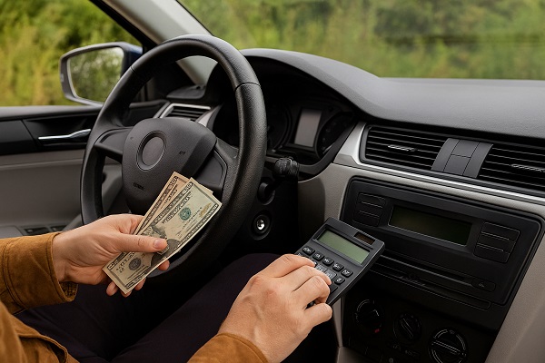 A person inside a car holds cash in one hand and uses a calculator with the other.