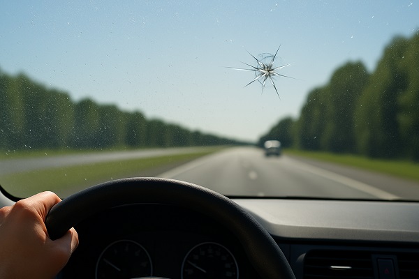 Windshield with both pitting and a visible star-shaped chip as seen from the driver’s seat.