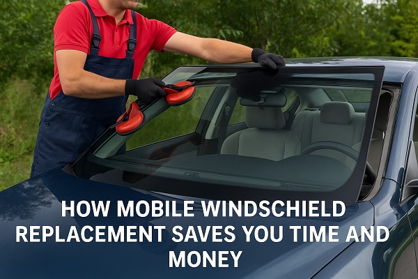 A mobile technician installs a windshield on a parked car using suction tools in an outdoor setting.