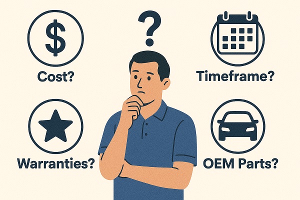 Man thinking with question icons around him showing cost, timeframe, warranties, and OEM parts for auto glass service.