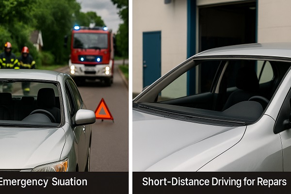 Split image showing a car without a windshield in two scenarios—emergency roadside assistance and parked at a repair shop.
