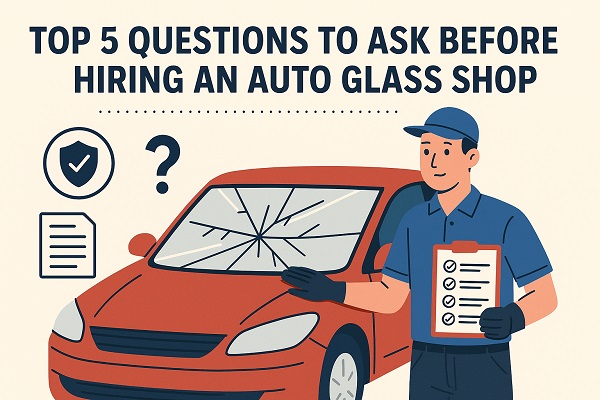 Auto glass technician holding a checklist next to a red car with a cracked windshield, illustrating key questions to ask.