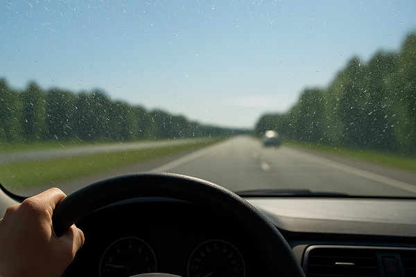 Driver's view through a pitted windshield showing glare and obstructed vision on a sunny road.