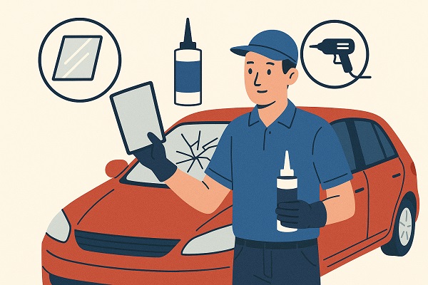 What Type of Glass and Adhesive Do You Use Auto glass technician holding a glass panel and adhesive tube next to a red car with a cracked windshield.