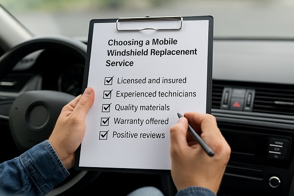 A person inside a car holds a checklist on a clipboard with items for choosing a mobile windshield replacement service.