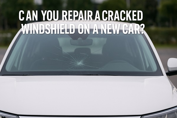 White car with a cracked windshield across the center, featuring text asking if a cracked windshield on a new car can be repaired.