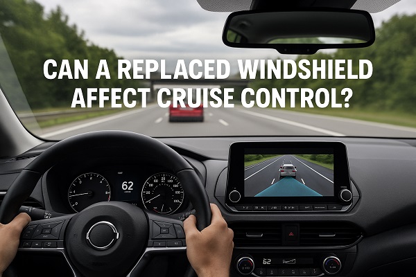 A wide interior view of a car driving on a highway with adaptive cruise control active, showing a digital display of the system and text asking, “Can a replaced windshield affect cruise control?”