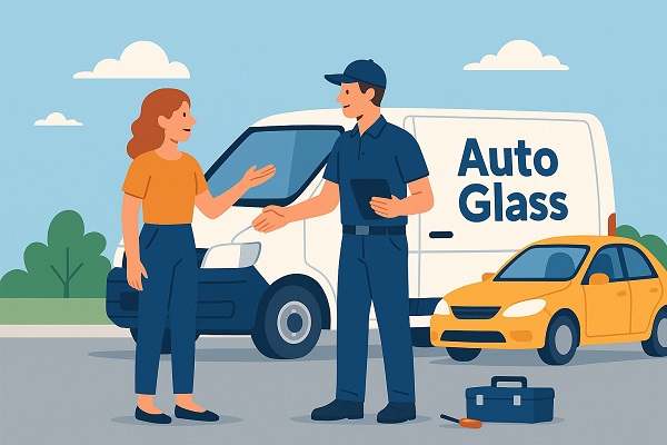 Mobile auto glass technician shaking hands with a female customer outdoors, with a service van and yellow car in the background.
