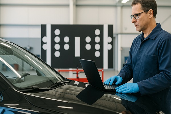 Technician calibrating ADAS camera near a car’s windshield using a laptop in a modern repair shop with calibration targets in the background.