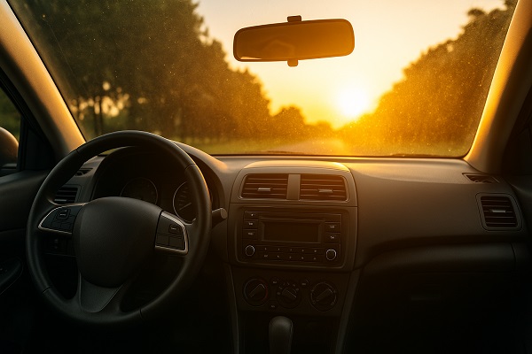 Interior view of a car cabin showing a sunset through the windshield, with warm sunlight filtering into the vehicle.