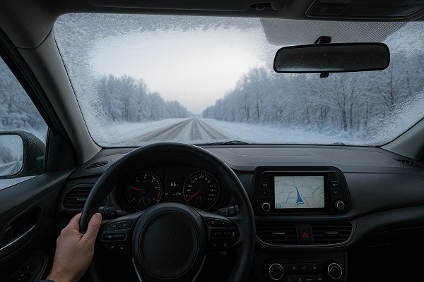 Driver’s view through a partially defrosted windshield on a snowy road, showing a hand on the wheel and navigation display.