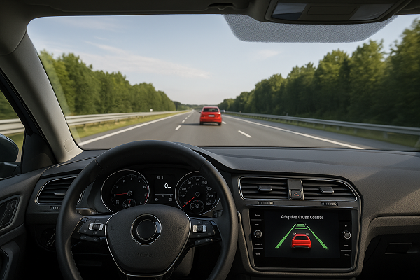 Wide interior view of a car on the highway showing adaptive cruise control active on the dashboard screen while following another vehicle.