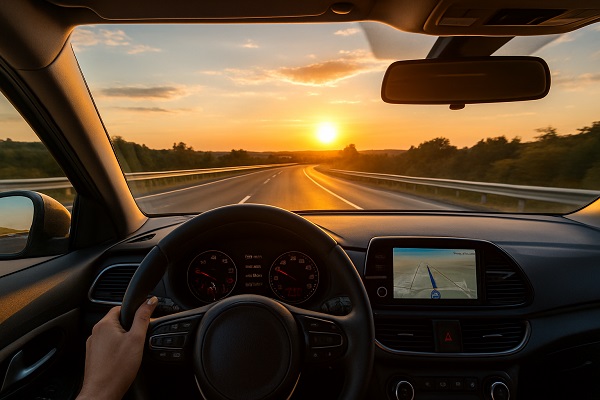 Driver’s view of the road through the windshield with sunlight shining ahead, showing a hand on the steering wheel and dashboard navigation.