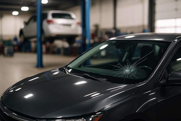 Dark sedan with a severely cracked windshield parked inside an auto repair shop, with another car lifted in the background.