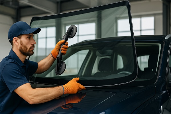 Technician installing a windshield on a car using suction tools in a professional garage.
