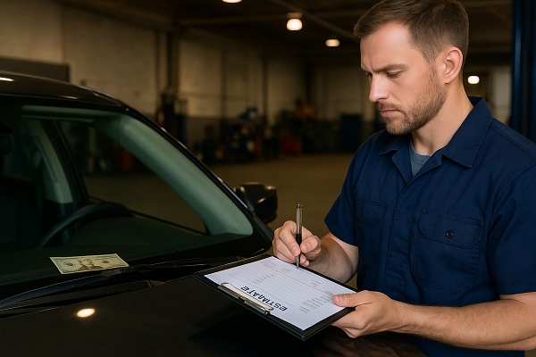 Mechanic writing an estimate on a clipboard beside a car in a repair shop.