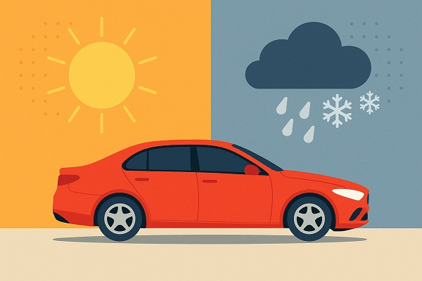 Illustration of a red car with a new windshield, placed between two extreme weather conditions—bright sun and heat on one side, snow and cold on the other.