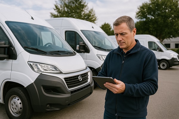 Fleet manager using a tablet while overseeing multiple white work vans parked in a commercial lot.