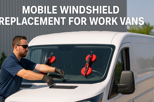 Technician performing mobile windshield replacement on a white work van in an outdoor commercial setting.