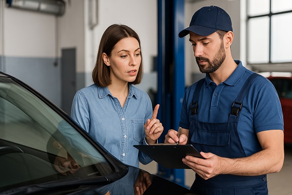 Customer discussing windshield inspection results with a technician holding a clipboard in an auto repair shop.