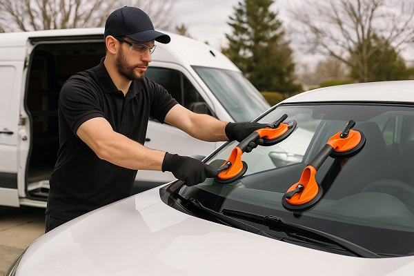 Technician replacing a car windshield with suction cups during a mobile service call.