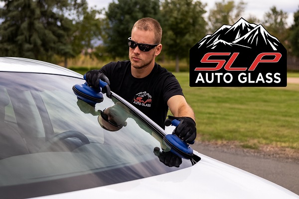 SLP Auto Glass technician installing a windshield with suction cups during a mobile service.
