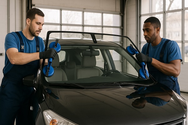 Two auto glass technicians install a car windshield using suction cup lifters in a garage.