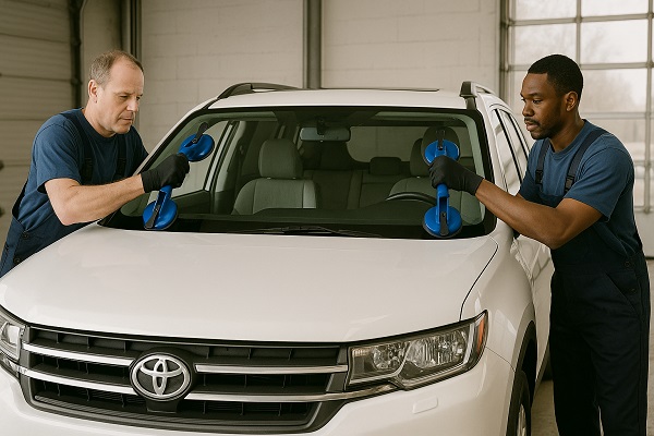 Two technicians use suction cup lifters to install a windshield on a white SUV in a garage.