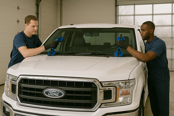Two technicians install a windshield on a white Ford truck using suction cup lifters inside a garage.