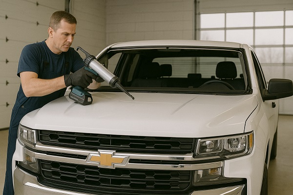 A technician applies black adhesive with a battery-powered caulking gun to the empty windshield frame of a white Chevrolet truck.