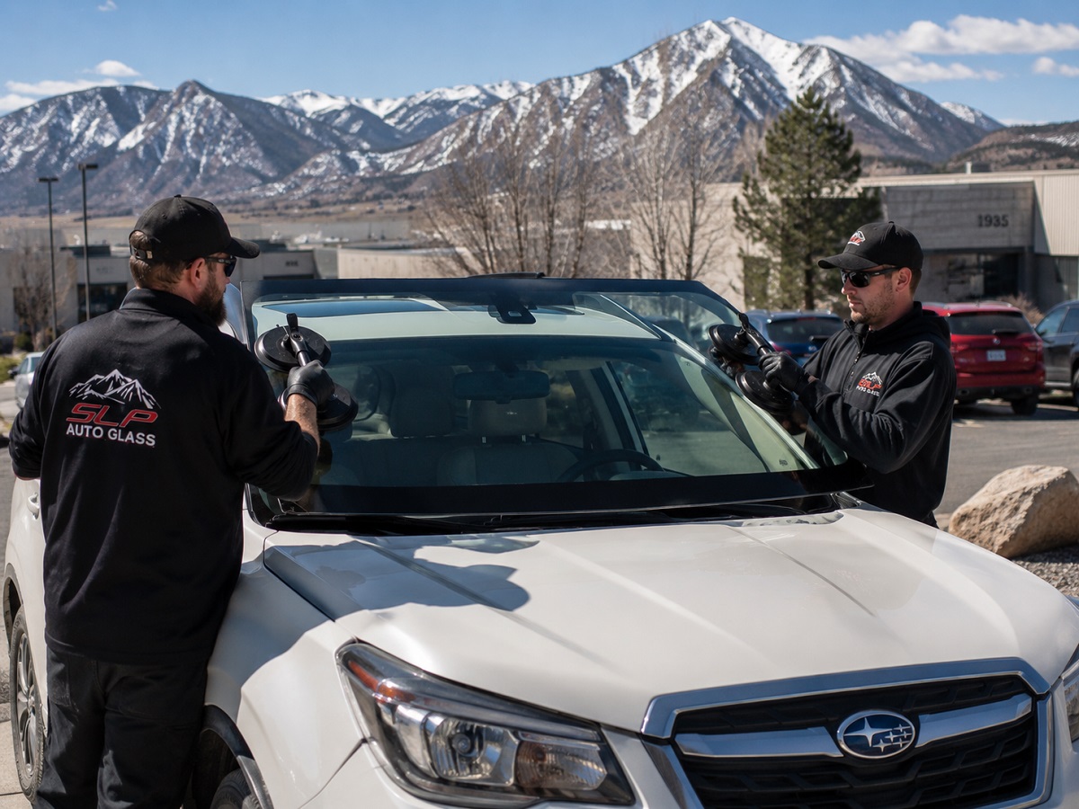 SLP Auto Glass technicians replacing a windshield on a white Subaru SUV in Colorado.