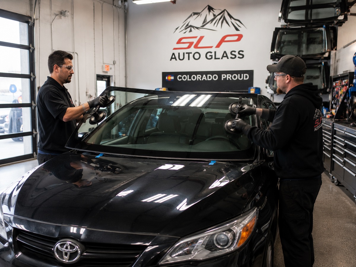SLP Auto Glass technicians replacing a windshield on a gray Jeep inside a Colorado auto glass garage.