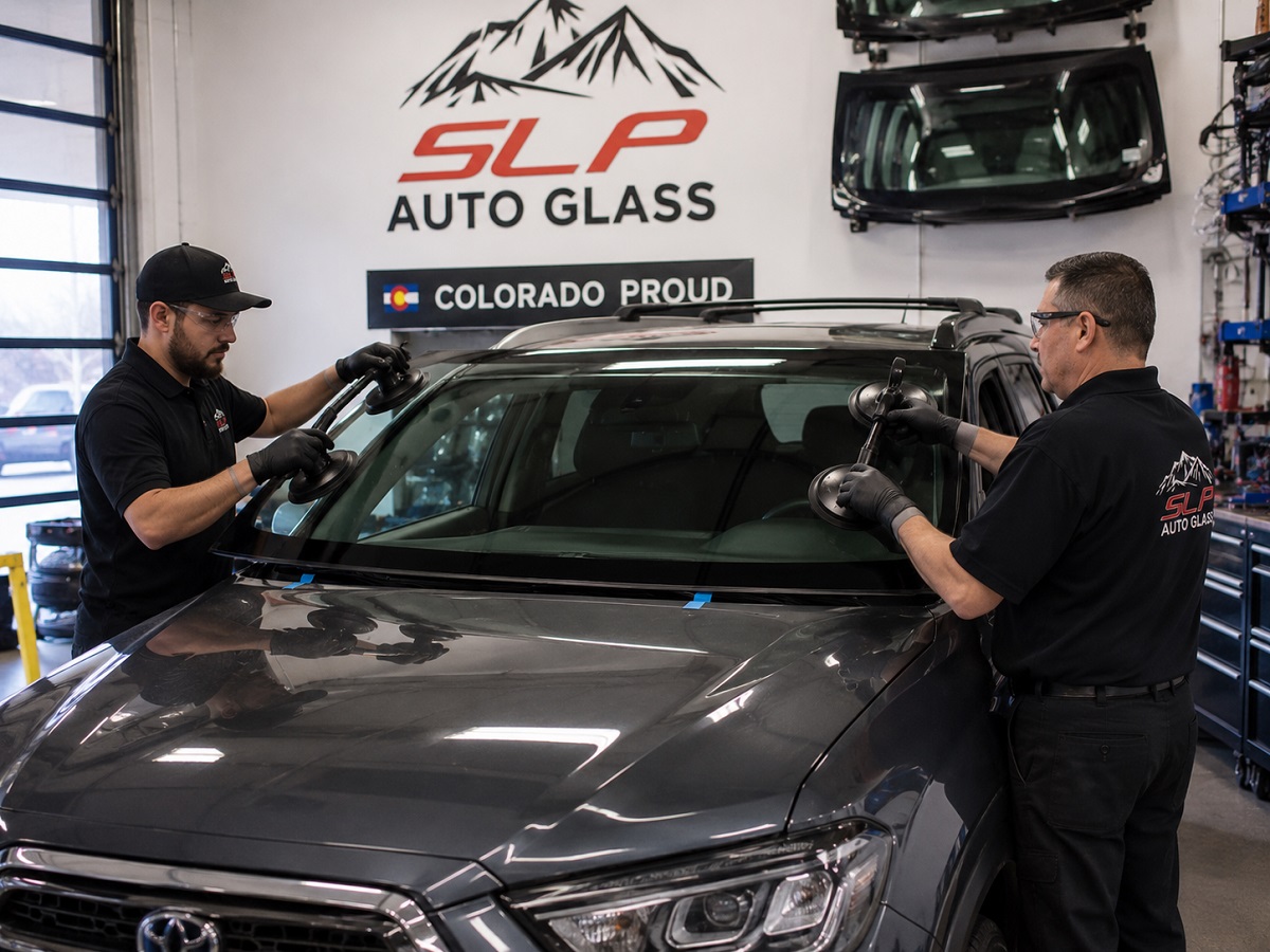 SLP Auto Glass technicians replacing a windshield on a gray Jeep inside a Colorado auto glass garage.