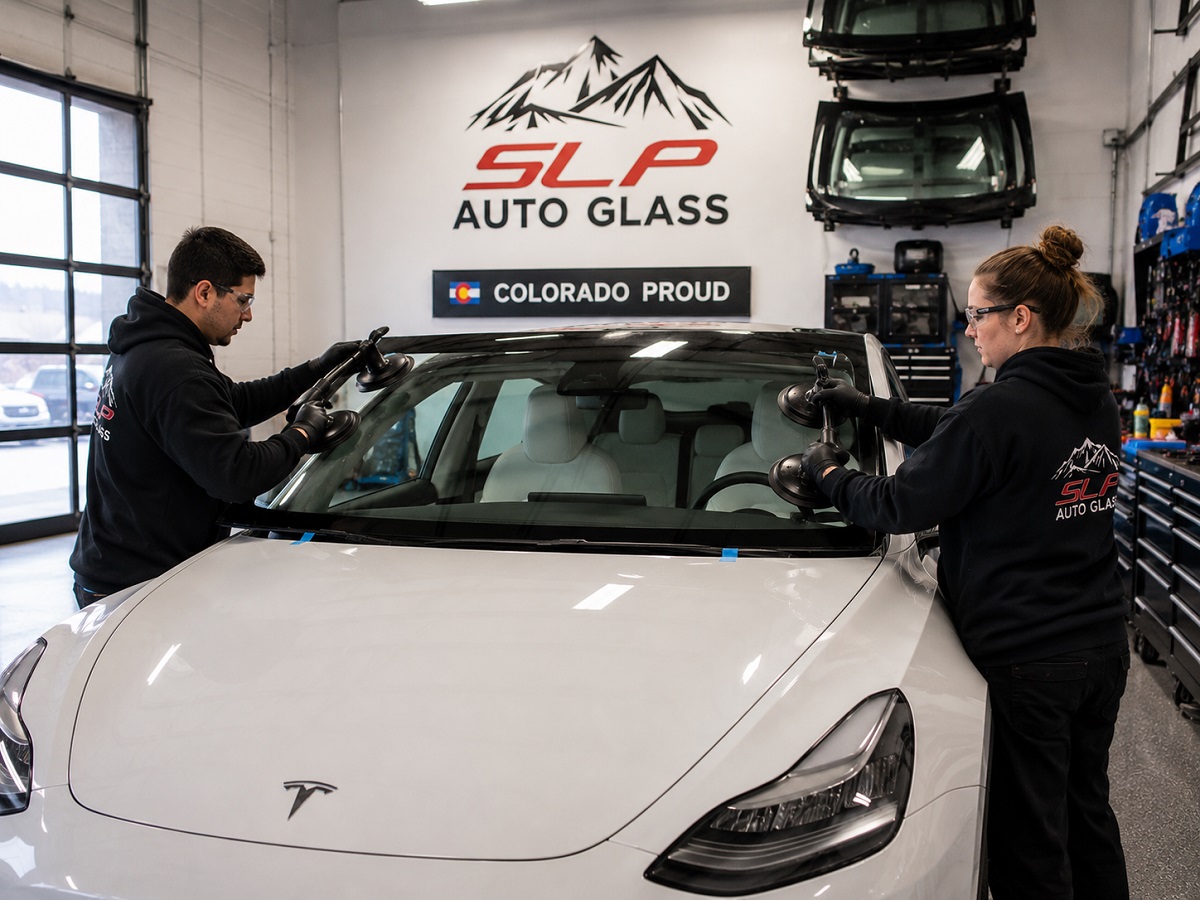 SLP Auto Glass technicians replacing a windshield on a white Tesla inside a Colorado auto glass repair shop.