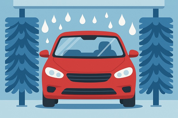 Wide illustration of a red car entering an automatic car wash with water droplets and large blue brushes surrounding it, representing what to avoid after a mobile windshield replacement.