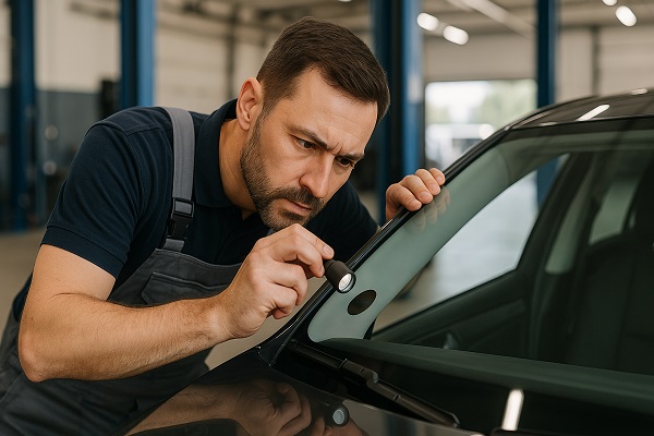Mechanic using a magnifying glass to carefully inspect a windshield for cracks in a professional auto repair shop.