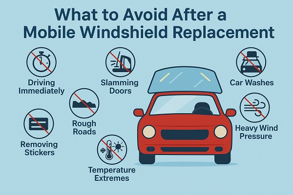 Wide infographic showing a red car with a newly replaced windshield and icons illustrating what to avoid after a mobile windshield replacement, such as car washes, slamming doors, rough roads, and heavy wind pressure.