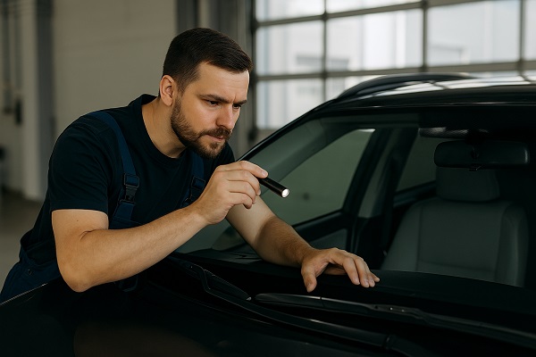 Mechanic inspecting a car windshield with a flashlight to check for cracks and chips.