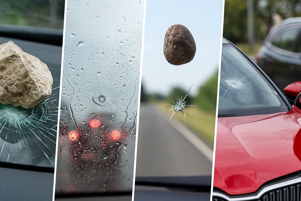 Collage showing car windshields with cracks and chips caused by flying rocks, debris, and temperature stress.