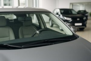 Cracked car windshield in dealership showing impact damage during trade-in inspection.