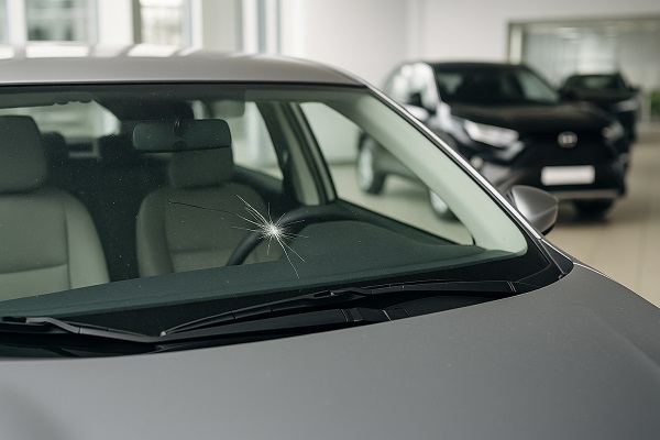 Cracked car windshield in dealership showing impact damage during trade-in inspection.