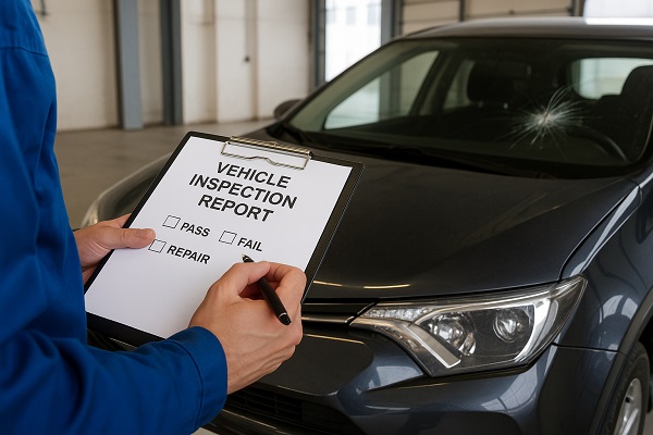 Vehicle inspector holding a clipboard marked “Vehicle Inspection Report” near a car with a cracked windshield.