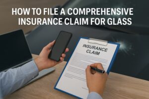 A person filling out an insurance claim form on a clipboard with a cracked windshield visible in the background, representing filing a comprehensive insurance claim for glass.
