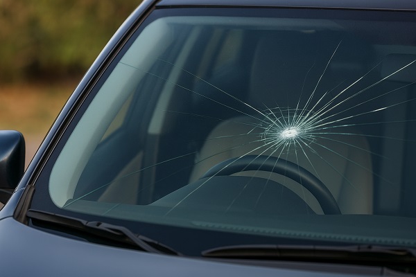 Close-up view of a cracked windshield on a dark-colored car, showing a circular impact with radiating cracks.